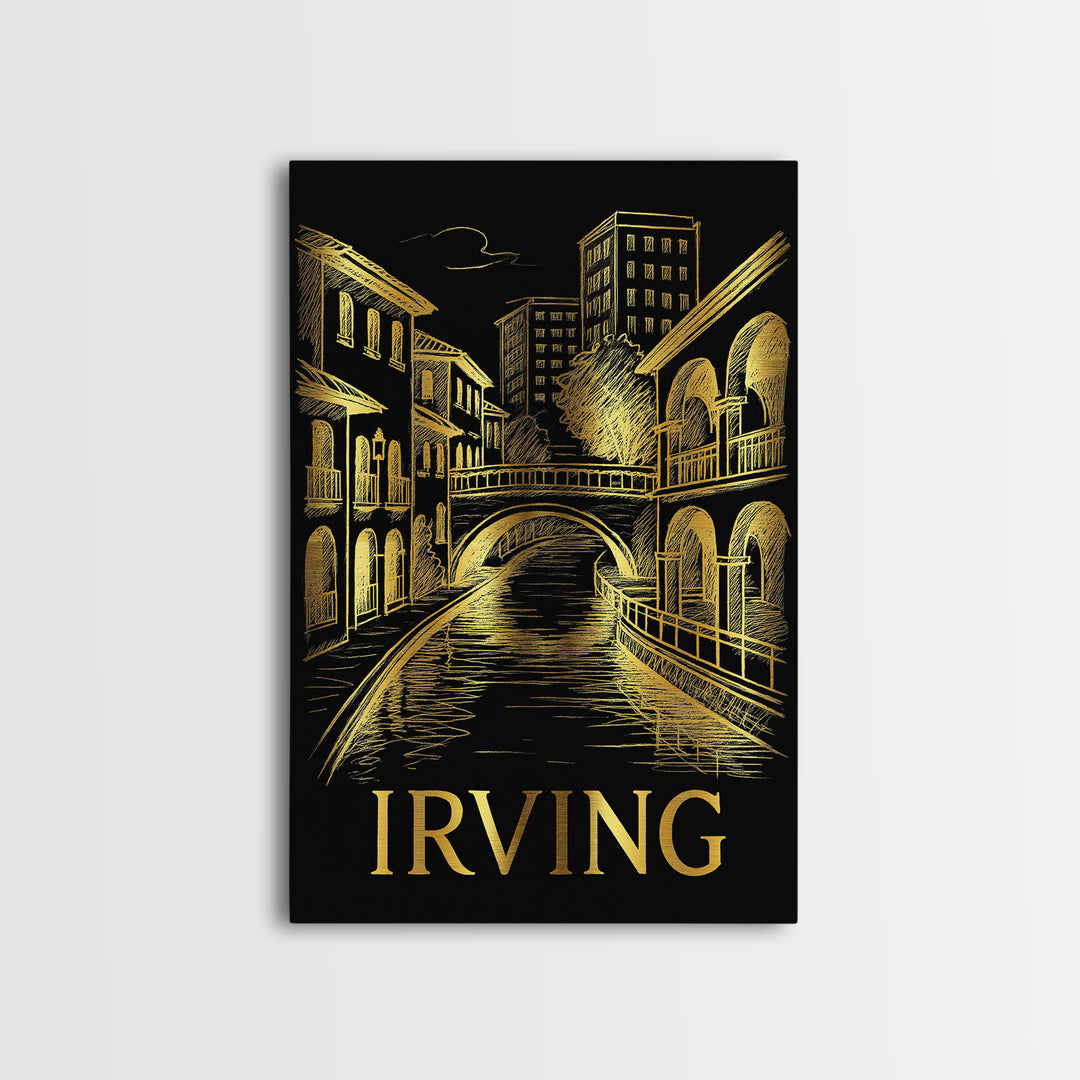 Irving Travel Poster, Framed Canvas Print, Elegant Gold City Art, Irving Poster Print, Vintage City Art, Mid Century Wall Art, Design 2