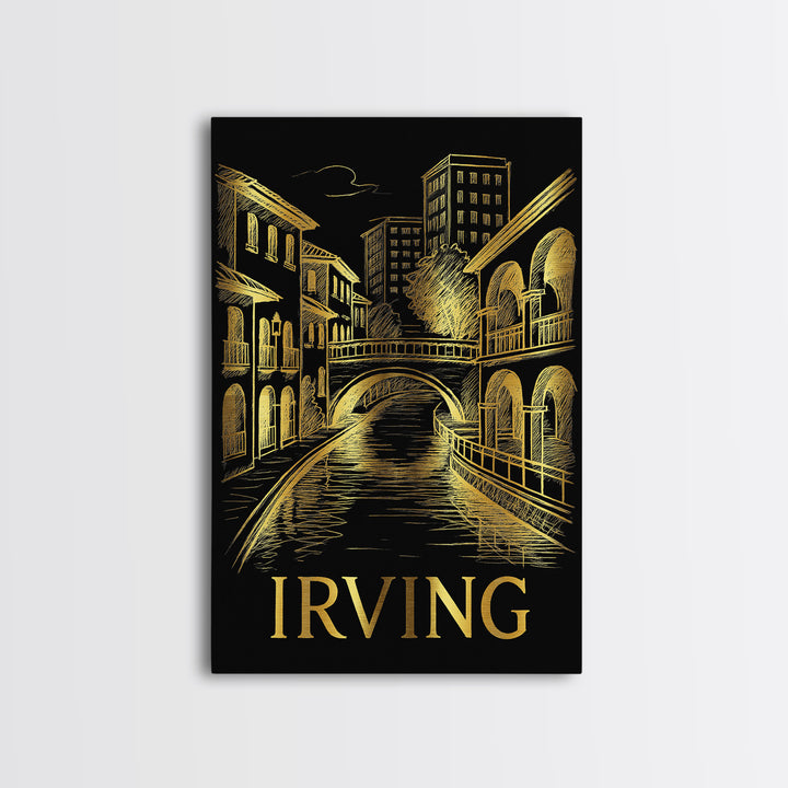 Irving Travel Poster, Framed Canvas Print, Elegant Gold City Art, Irving Poster Print, Vintage City Art, Mid Century Wall Art, Design 2