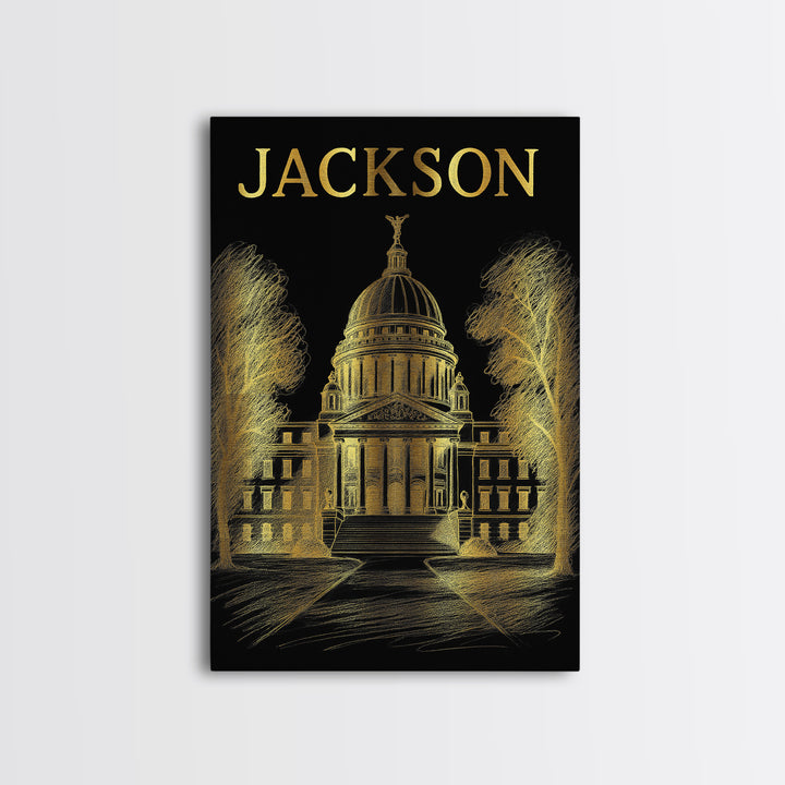 Jackson Mississippi Travel Poster, Canvas Print, Gold Sketch Wall Art, Jackson Wall Art, Travel Print, Fine Art Print, Vintage City Art