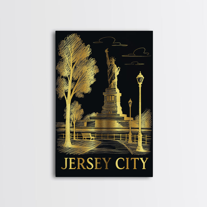 Jersey City Travel Poster, Canvas Print, Black And Gold Line Art, Jersey City Poster Print, Watercolor Urban Skyline, Home Office Decor