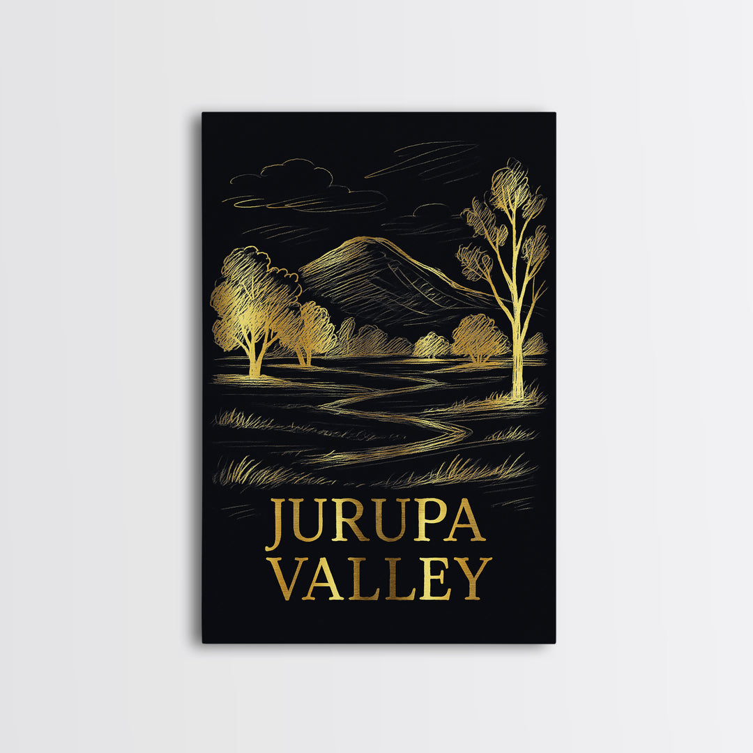 Jurupa Valley Travel Poster, Framed Canvas Print, Elegant Gold City Art, Jurupa Valley Art Print, Watercolor Skyline, Home Office Decor