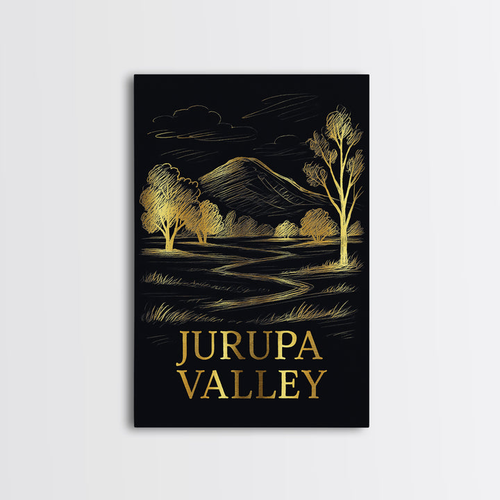 Jurupa Valley Travel Poster, Framed Canvas Print, Elegant Gold City Art, Jurupa Valley Art Print, Watercolor Skyline, Home Office Decor