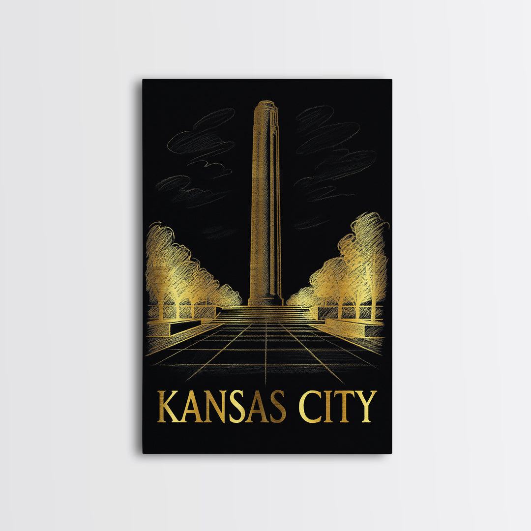 Kansas City Travel Poster, Framed Canvas Print, Black And Gold Line Art, Kansas City Art Print, Eclectic Wall Decor, Travel Wall Decor