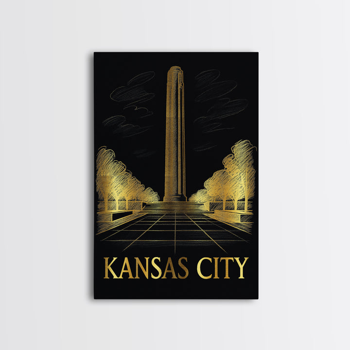 Kansas City Travel Poster, Framed Canvas Print, Black And Gold Line Art, Kansas City Art Print, Eclectic Wall Decor, Travel Wall Decor