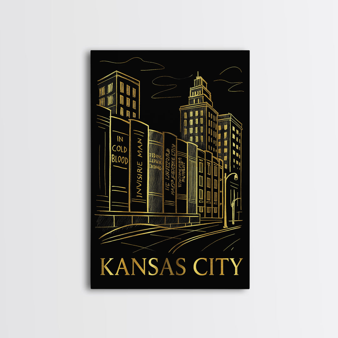 Kansas City Travel Poster, Framed Canvas Print, Black And Gold Line Art, Kansas City City Art, Living Room Wall Art, Gift For Travelers