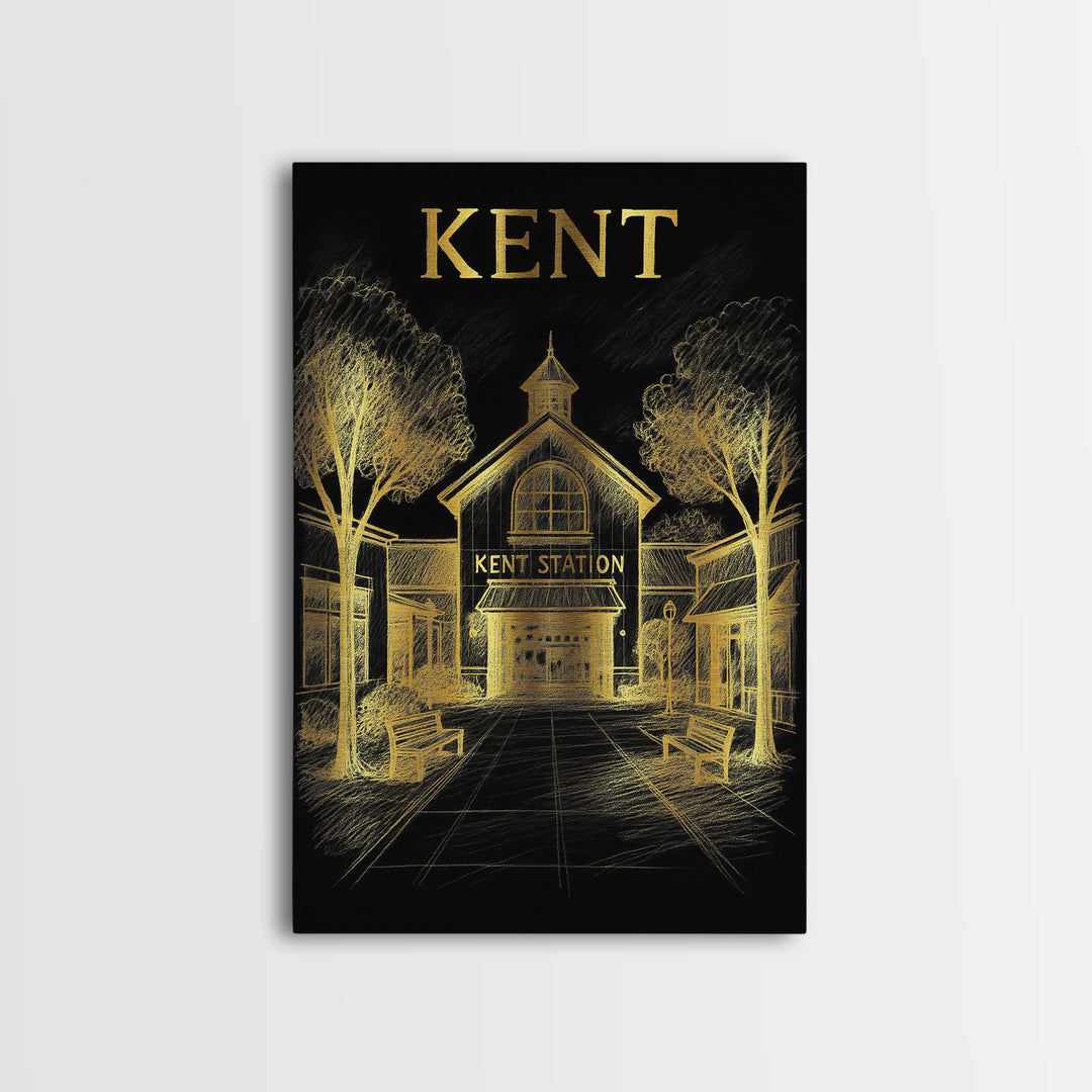 Kent Washington Travel Poster, Canvas Print, Black And Gold Line Art, Kent Travel Art, Wall Decor, Retro Travel Print, Travel Art Print