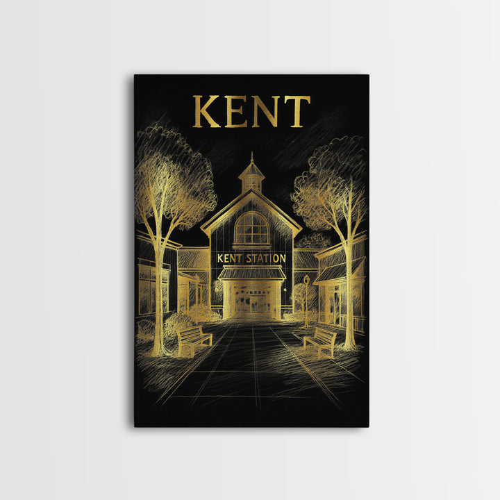 Kent Washington Travel Poster, Canvas Print, Black And Gold Line Art, Kent Travel Art, Wall Decor, Retro Travel Print, Travel Art Print