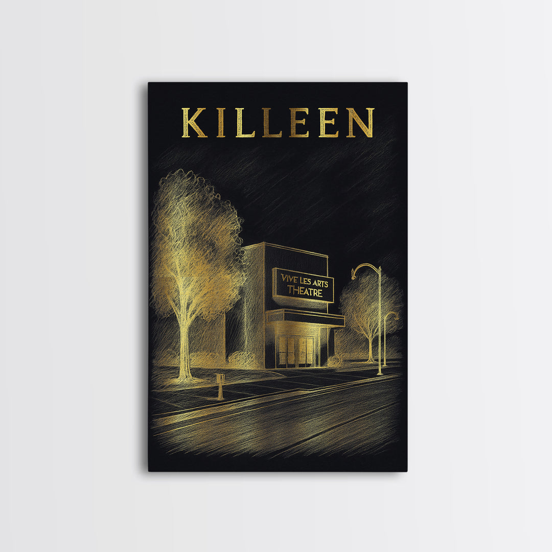 Killeen Texas Travel Poster, Canvas Print, Black And Gold Line Art, Killeen Travel Art, Vintage City Art, Gift For Travelers, Design 1