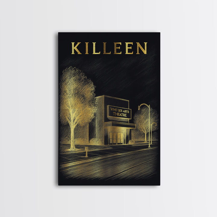 Killeen Texas Travel Poster, Canvas Print, Black And Gold Line Art, Killeen Travel Art, Vintage City Art, Gift For Travelers, Design 1