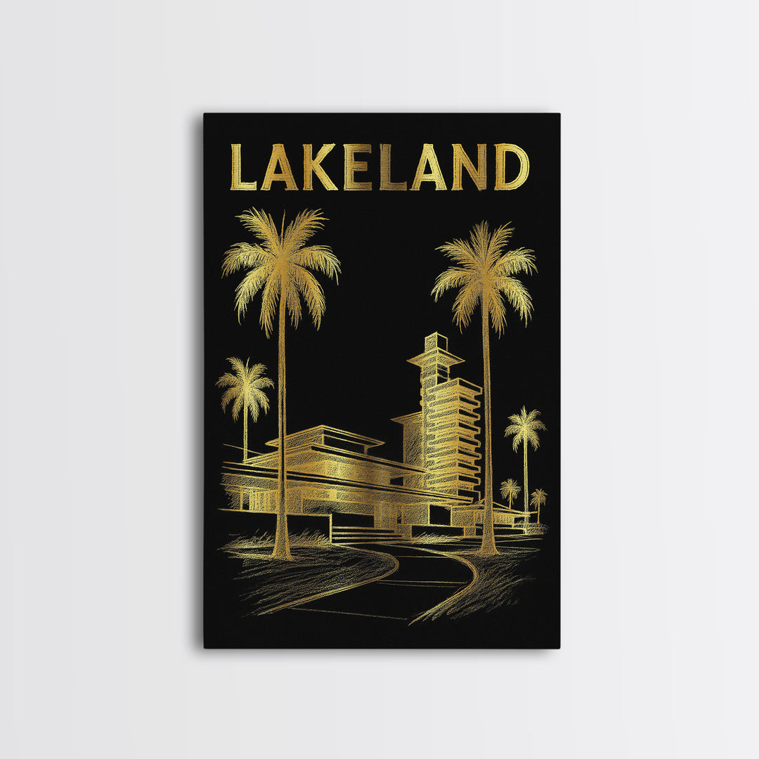 Lakeland Florida Travel Poster, Framed Canvas Print, Gold Sketch Wall Art, Lakeland Wall Art, Vintage Travel Print, Mid Century Wall Art