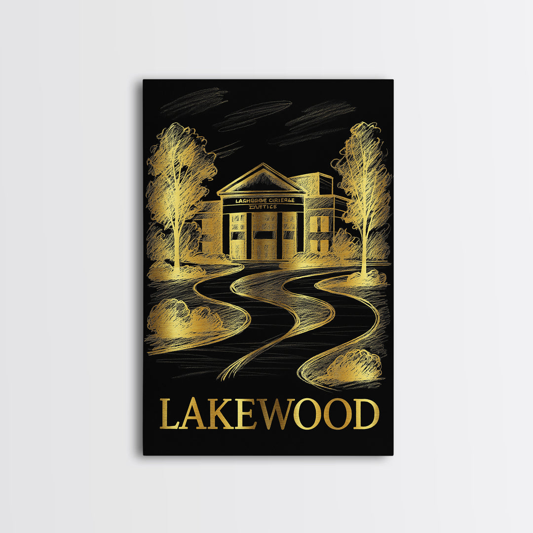 Lakewood Travel Poster, Framed Canvas Print, Elegant Gold City Art, Lakewood Wall Art, Travel Wall Decor, Travel Art Print, Poster Art