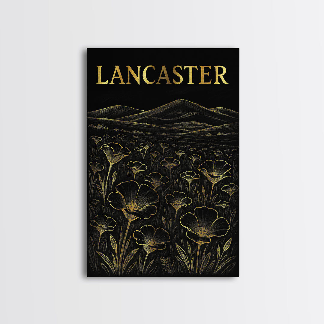 Lancaster California Travel Poster, Framed Canvas Print, Elegant Gold City Art, Lancaster City Art, Mid Century Wall Art, City Illustration