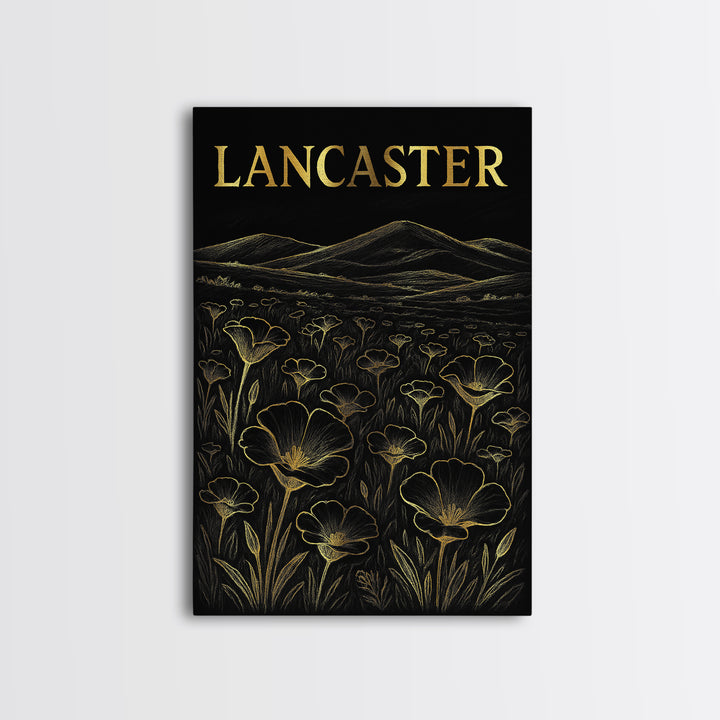 Lancaster California Travel Poster, Framed Canvas Print, Elegant Gold City Art, Lancaster City Art, Mid Century Wall Art, City Illustration