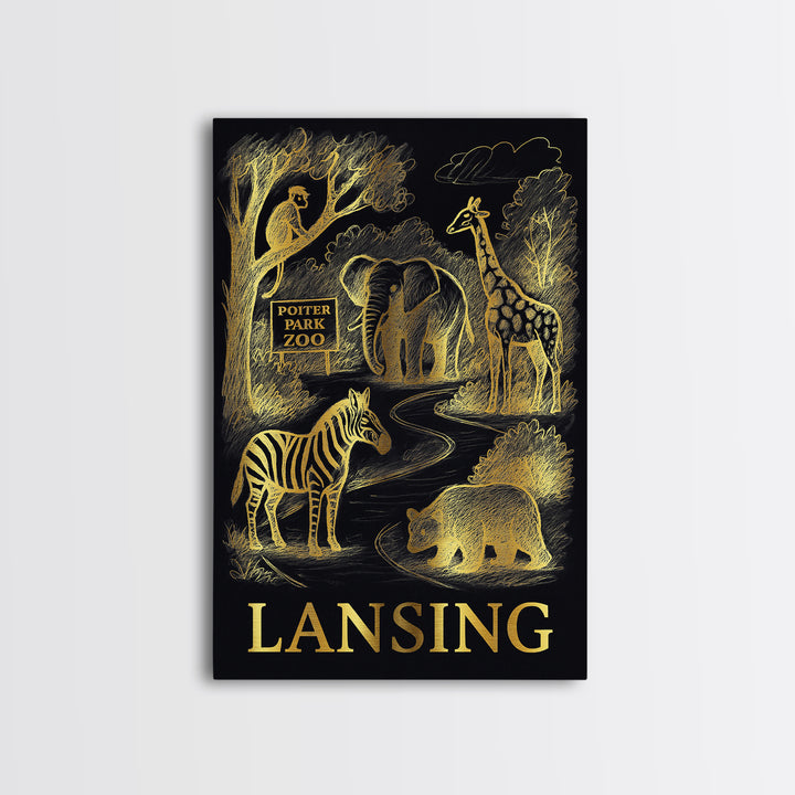 Lansing Travel Poster, Canvas Print, Gold Sketch Wall Art, Lansing Travel Art, Living Room Wall Art, Travel Wall Art, Retro Travel Print