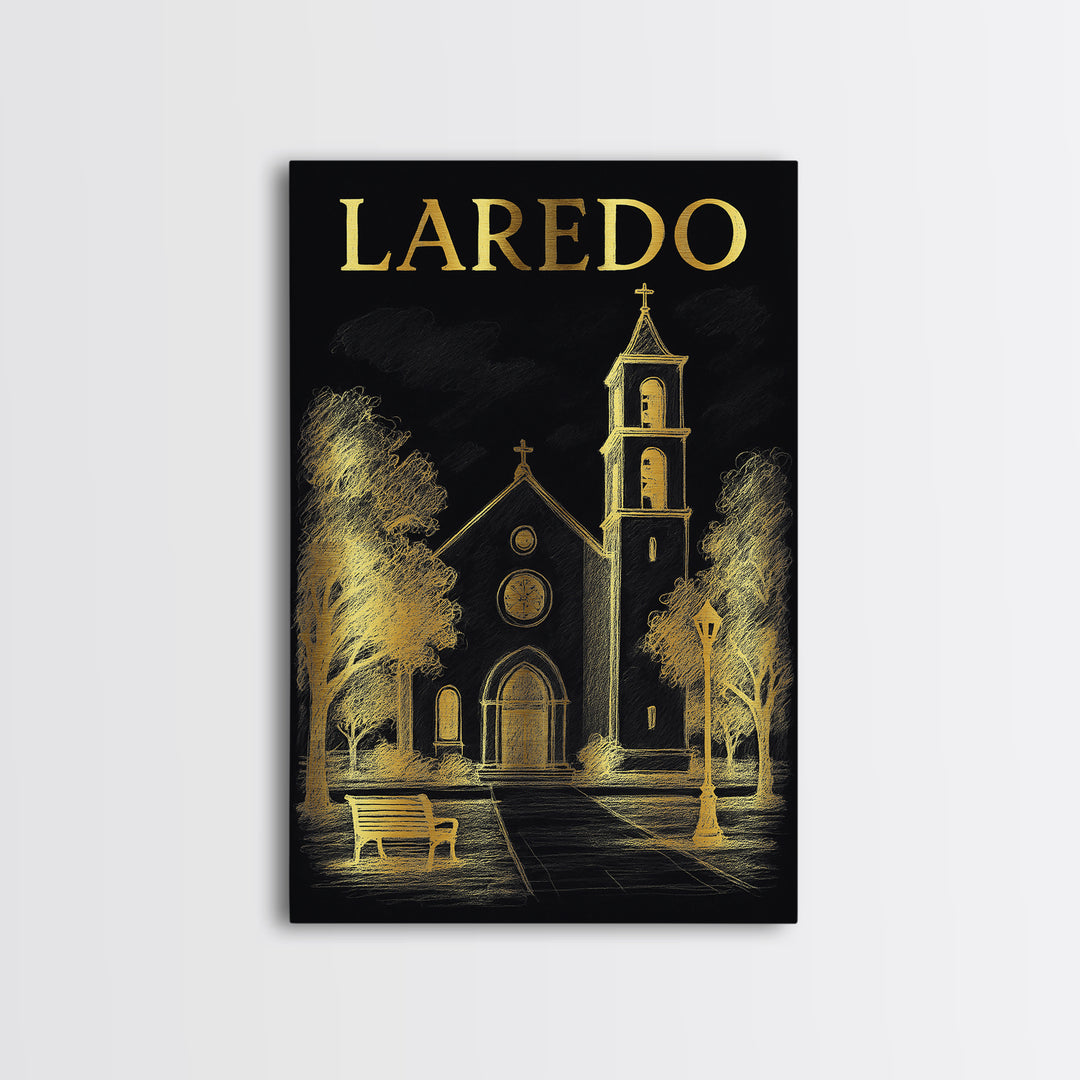 Laredo Texas Travel Poster, Canvas Print, Black And Gold Line Art, Laredo City Art, Watercolor Skyline Art, Fine Art Print, Travel Posters