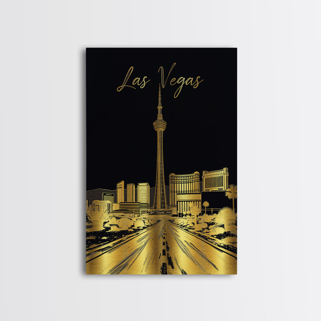 Las Vegas Travel Poster, Framed Canvas Print, Gold Sketch Wall Art, Las Vegas Art Print, Modern Wall Decor, Watercolor Cityscape