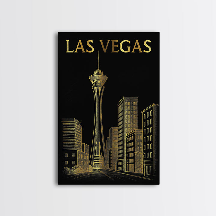 Las Vegas Travel Poster, Framed Canvas Print, Elegant Gold City Art, Las Vegas Travel Art, Gift For Travelers, Fine Art Print, Design 3