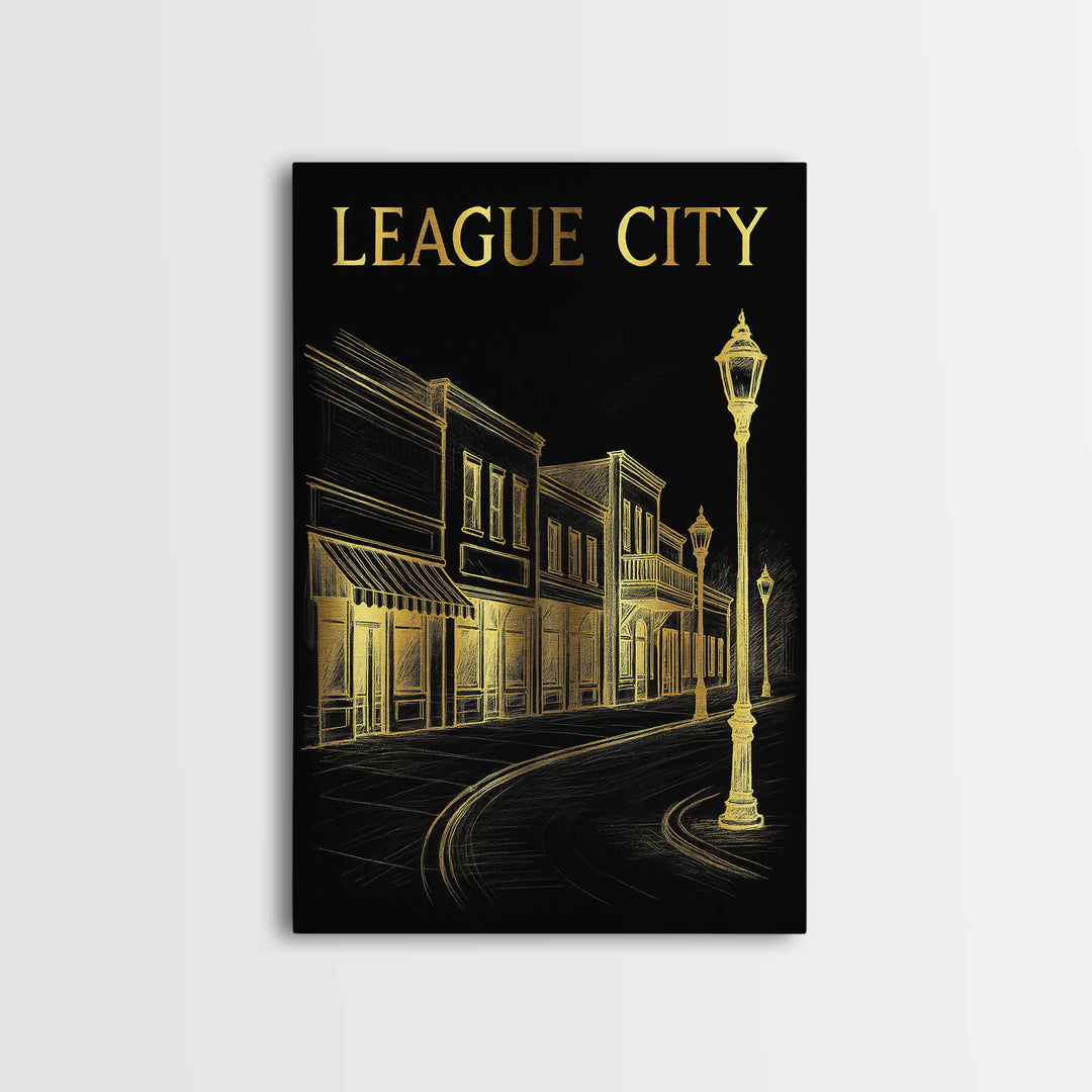 League City Texas Travel Poster, Canvas Print, Dark Background Poster Art, League City Poster Print, Mid Century Wall Art, Fine Art Print