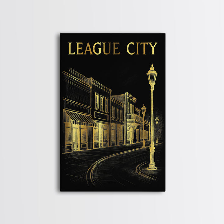 League City Texas Travel Poster, Canvas Print, Dark Background Poster Art, League City Poster Print, Mid Century Wall Art, Fine Art Print
