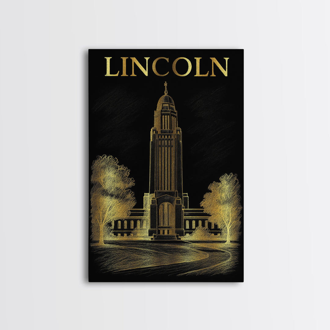 Lincoln Nebraska Travel Poster, Framed Canvas Print, Gold Sketch Wall Art, Lincoln Poster Print, Mid Century Wall Art, City Illustration