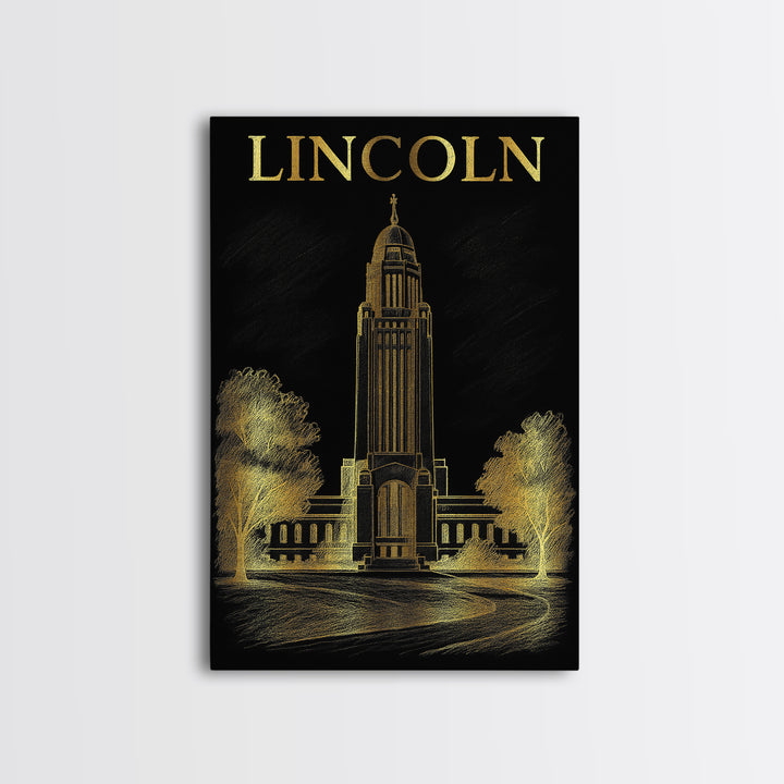 Lincoln Nebraska Travel Poster, Framed Canvas Print, Gold Sketch Wall Art, Lincoln Poster Print, Mid Century Wall Art, City Illustration