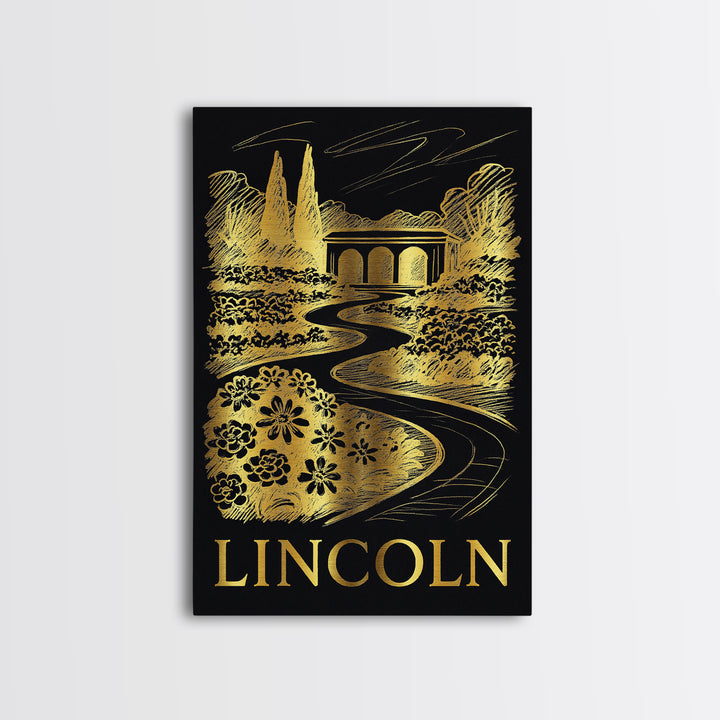 Lincoln Travel Poster, Canvas Print, Elegant Gold City Art, Lincoln City Art, Vintage City Poster, Gift For Travelers, Vintage City Art