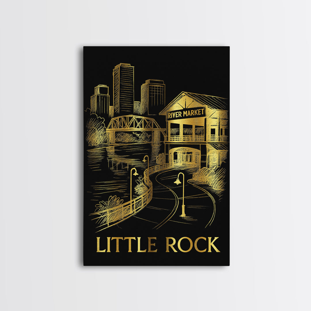 Little Rock Travel Poster, Framed Canvas Print, Gold Sketch Wall Art, Little Rock Wall Art, Retro Travel Print, Watercolor Skyline