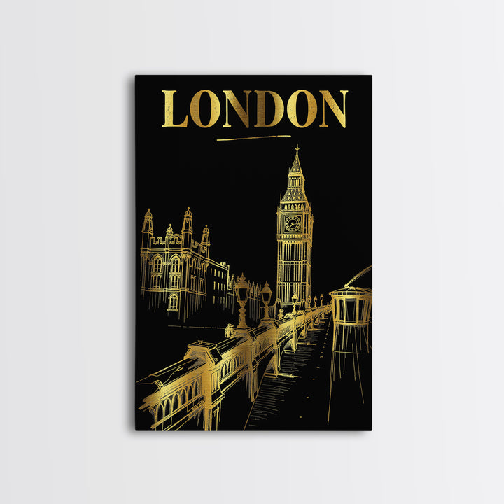 London Travel Poster, Framed Canvas Print, Gold Sketch Wall Art, London Poster Print, Living Room Wall Art, Vintage City Art, Poster Art