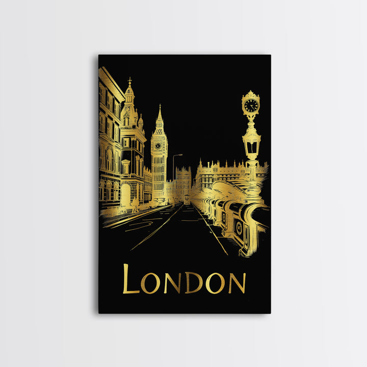 London Travel Poster, Framed Canvas Print, Elegant Gold City Art, London Travel Art, Eclectic Wall Decor, Retro Travel Print, Design 2