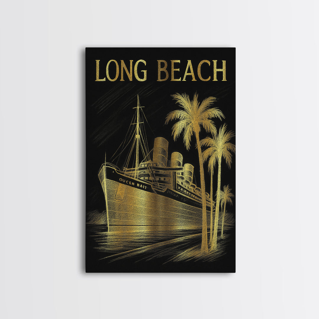 Long Beach California Travel Poster, Canvas Print, Elegant Gold City Art, Long Beach Wall Art, Skyline Art, City Art Print, Wanderlust Decor