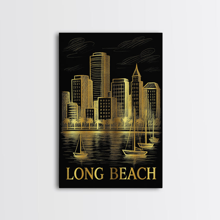 Long Beach Travel Poster, Canvas Print, Elegant Gold City Art, Long Beach Art Print, Watercolor Skyline, Retro Travel Print, Design 2