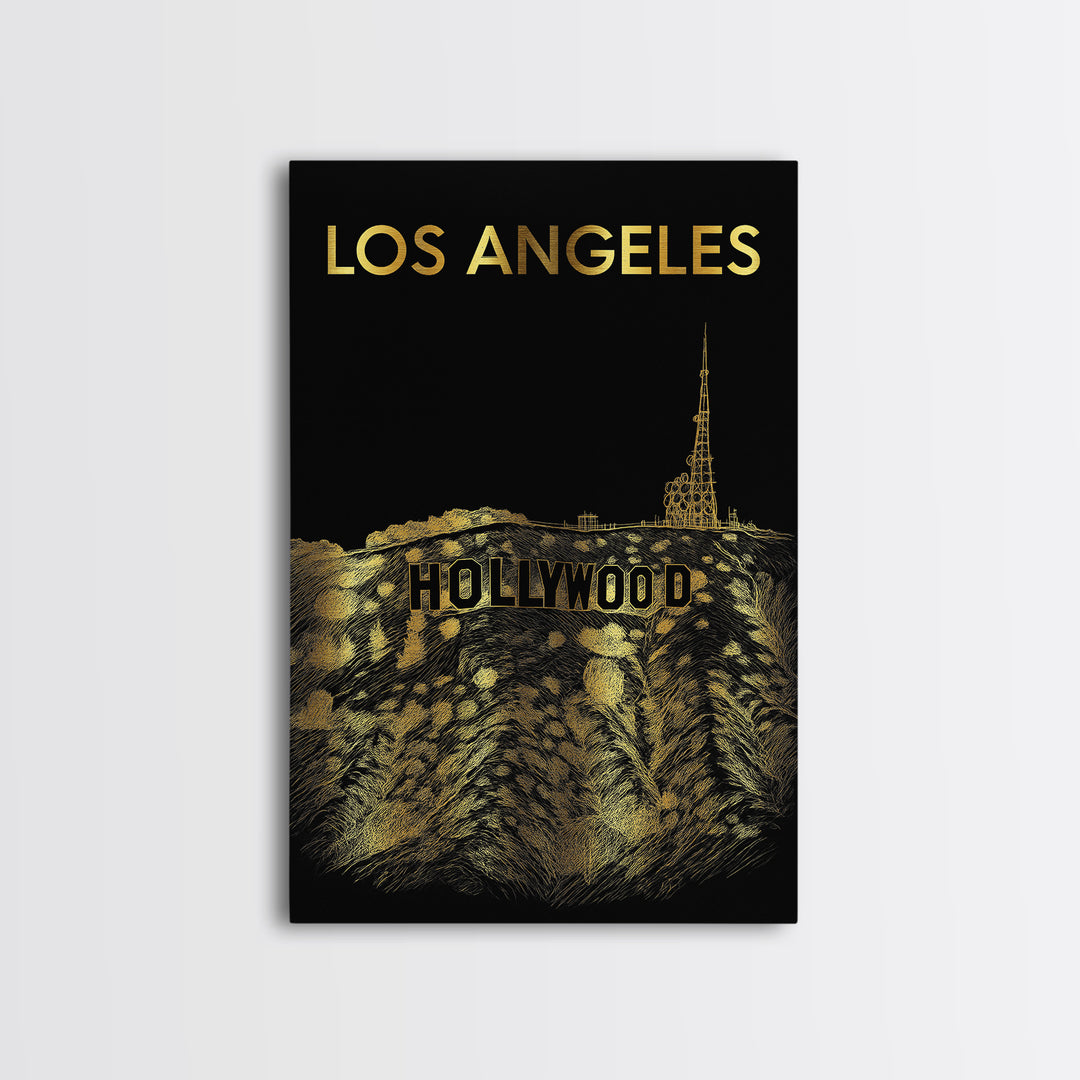 Los Angeles Travel Poster, Canvas Print, Black And Gold Line Art, Los Angeles Poster Print, Mid Century Wall Art, Travel Art Print