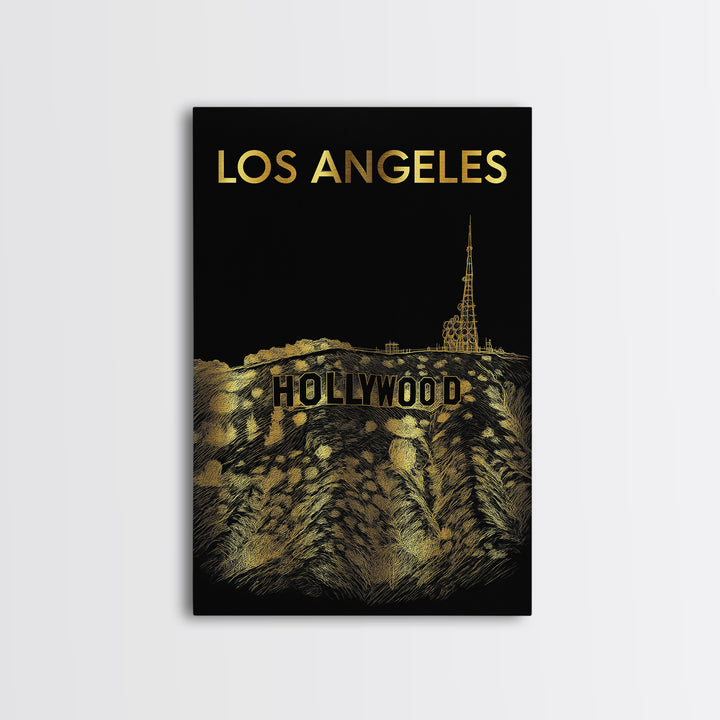 Los Angeles Travel Poster, Canvas Print, Black And Gold Line Art, Los Angeles Poster Print, Mid Century Wall Art, Travel Art Print