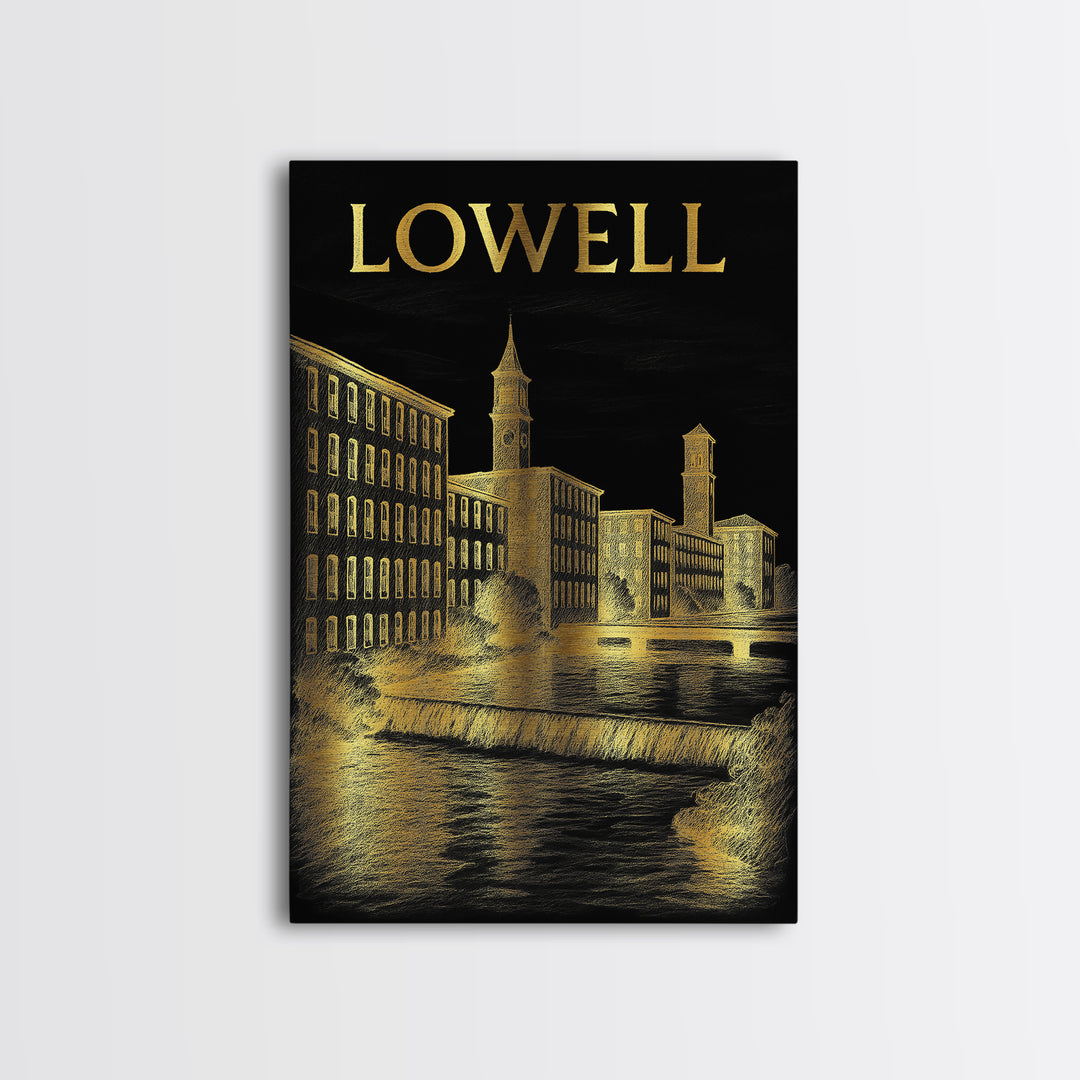 Lowell Massachusetts Travel Poster, Canvas Print, Dark Background Poster Art, Lowell City Art, City Poster, Art Print, Retro Travel Print
