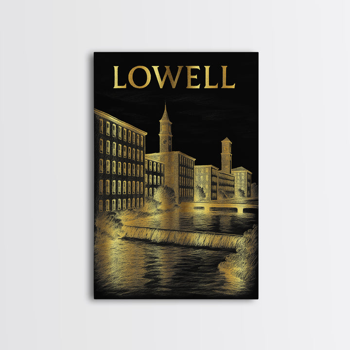 Lowell Massachusetts Travel Poster, Canvas Print, Dark Background Poster Art, Lowell City Art, City Poster, Art Print, Retro Travel Print