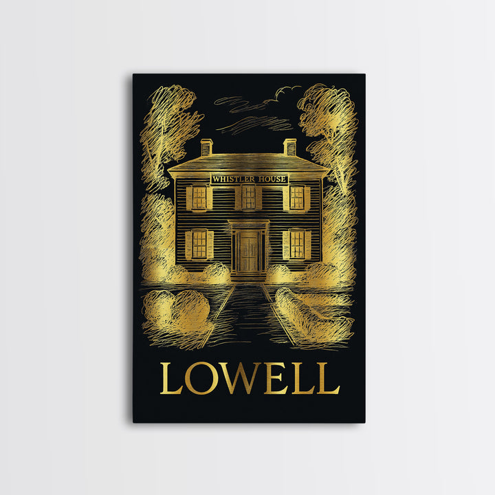 Lowell Travel Poster, Canvas Print, Black And Gold Line Art, Lowell City Art, Travel Wall Art, Eclectic Wall Decor, Gift For Travelers