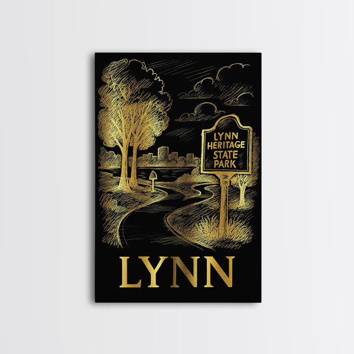 Lynn Travel Poster, Framed Canvas Print, Elegant Gold City Art, Lynn Wall Art, Living Room Wall Art, Home Office Decor, Travel Wall Decor