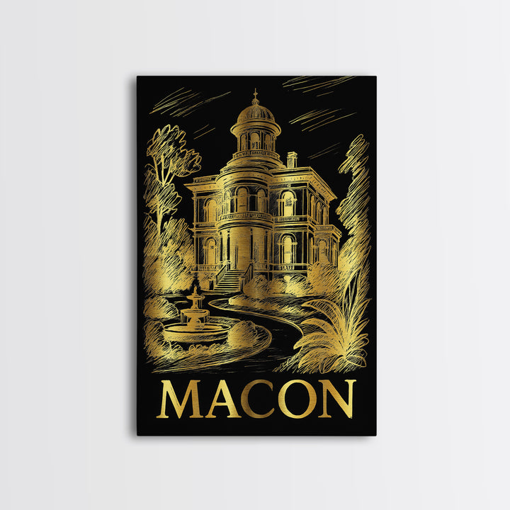 Macon Travel Poster, Framed Canvas Print, Black And Gold Line Art, Macon Wall Art, Travel Poster Art, Living Room Wall Art, City Art Print