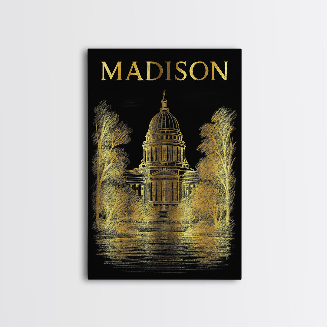 Madison Wisconsin Travel Poster, Canvas Print, Elegant Gold City Art, Madison City Art, Travel Art Print, City Art Print, Retro Travel Print