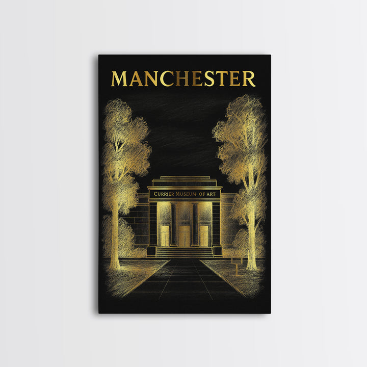 Manchester New Hampshire Travel Poster, Canvas Print, Black And Gold Line Art, Manchester Wall Art, Art Print, Wall Decor, Travel Poster Set