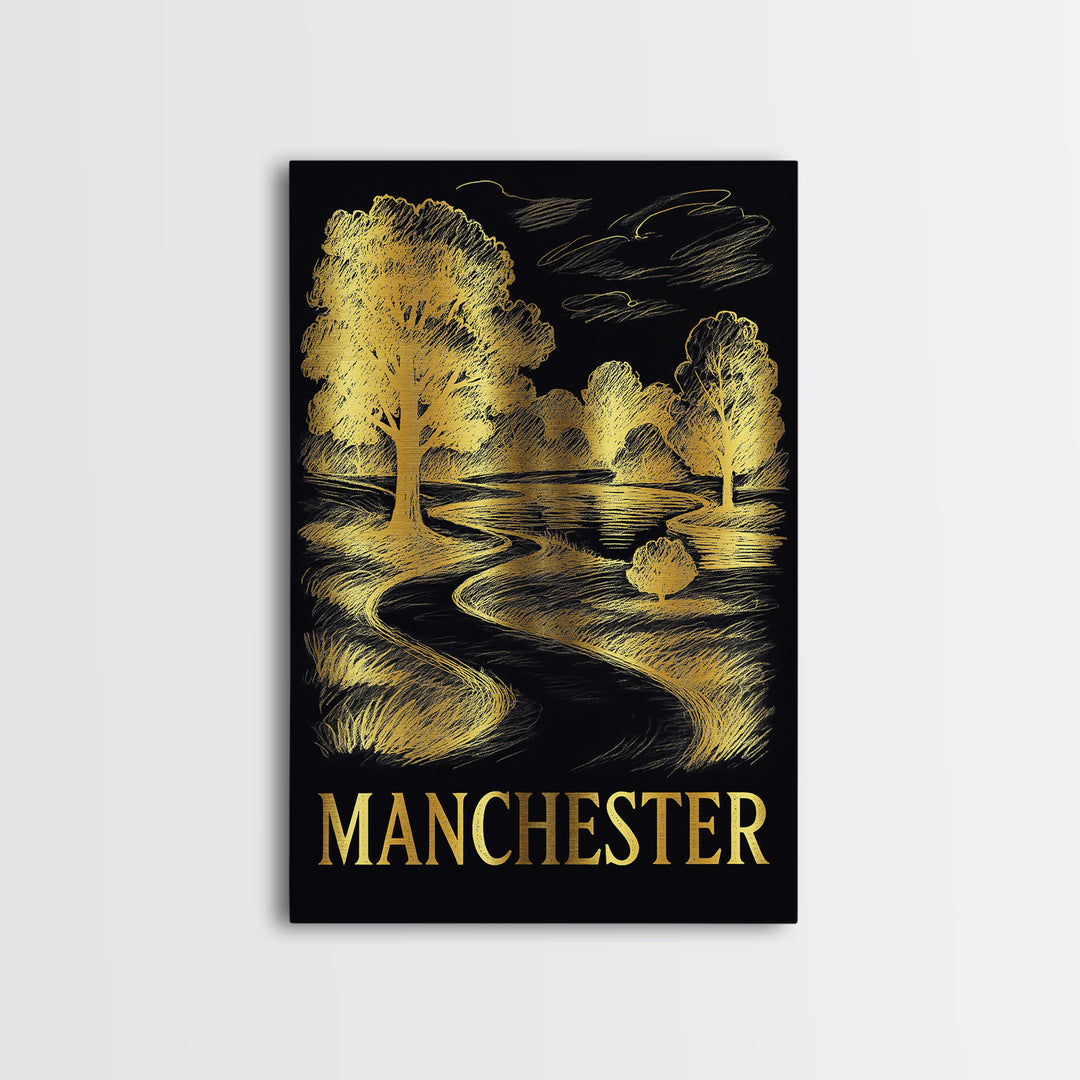 Manchester Travel Poster, Framed Canvas Print, Black And Gold Line Art, Manchester Art Print, Living Room Wall Art, Vintage Travel Print
