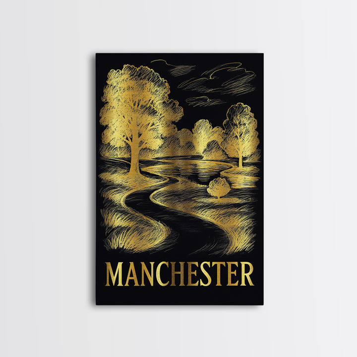Manchester Travel Poster, Framed Canvas Print, Black And Gold Line Art, Manchester Art Print, Living Room Wall Art, Vintage Travel Print