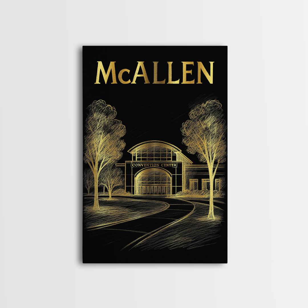 Mcallen Texas Travel Poster, Framed Canvas Print, Black And Gold Line Art, Mcallen Poster Print, Wanderlust Decor, Living Room Wall Art