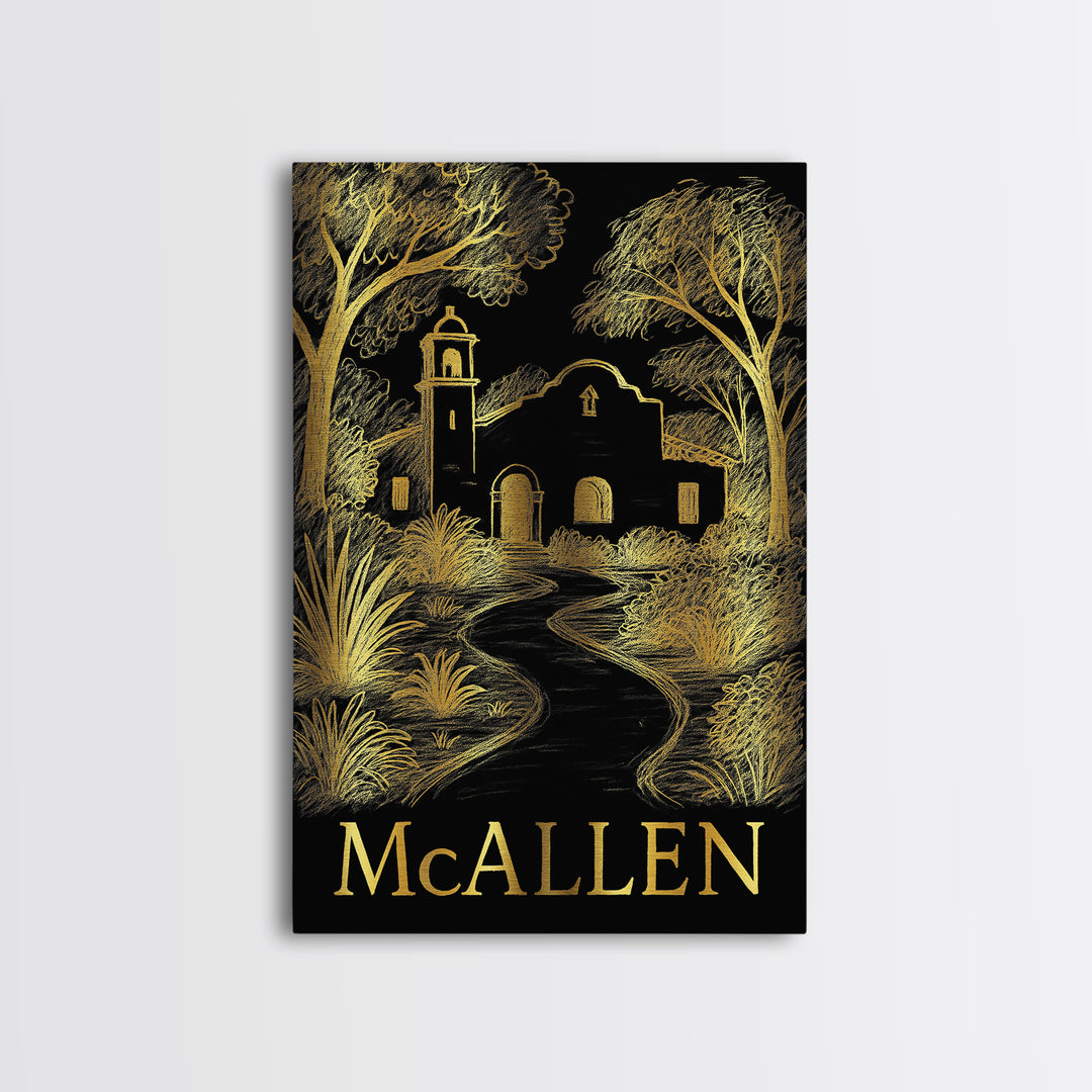 Mcallen Travel Poster, Framed Canvas Print, Black And Gold Line Art, Mcallen Travel Art, Fine Art Print, Travel Wall Decor, Retro Poster