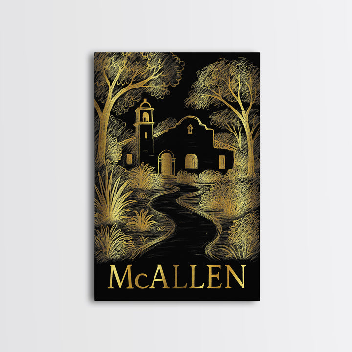 Mcallen Travel Poster, Framed Canvas Print, Black And Gold Line Art, Mcallen Travel Art, Fine Art Print, Travel Wall Decor, Retro Poster