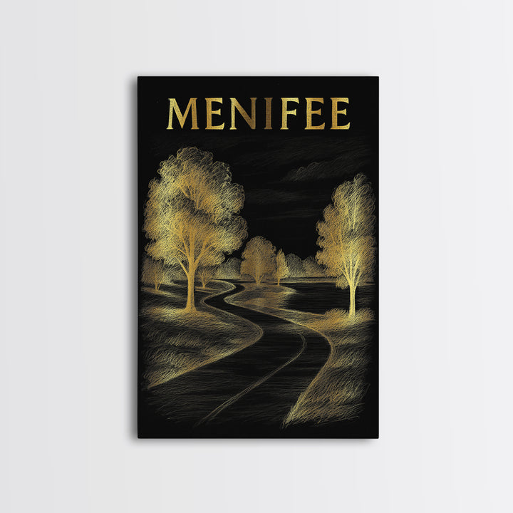 Menifee California Travel Poster, Canvas Print, Black And Gold Line Art, Menifee Art Print, Travel Prints, Vintage City Art, Travel Wall Art