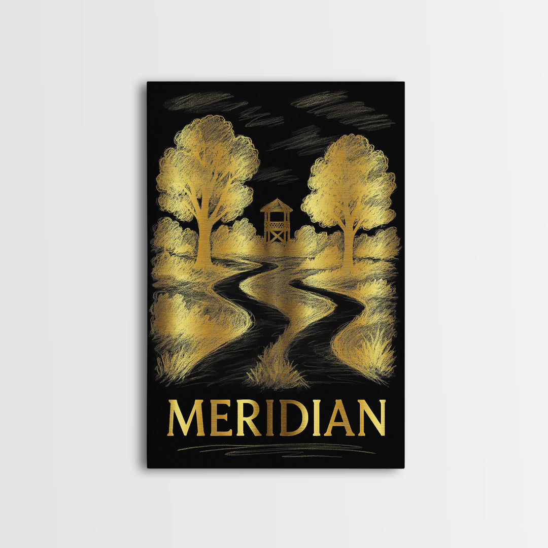 Meridian Travel Poster, Framed Canvas Print, Gold Sketch Wall Art, Meridian Wall Art, City Travel Prints, Vintage Travel Print