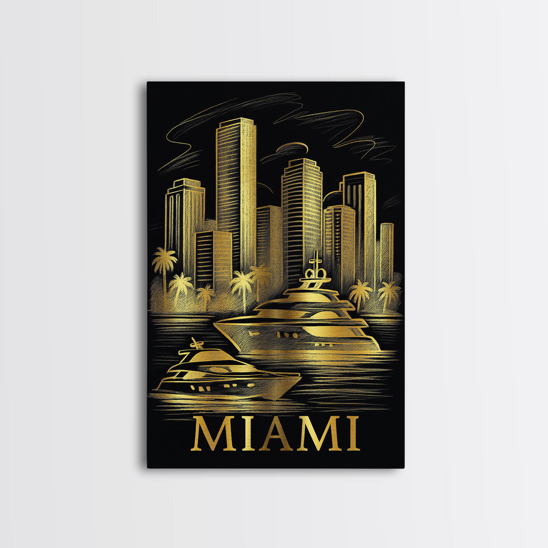 Miami Travel Poster, Framed Canvas Print, Elegant Gold City Art, Miami Travel Art, Fine Art Print, Gift For Travelers, City Art Print
