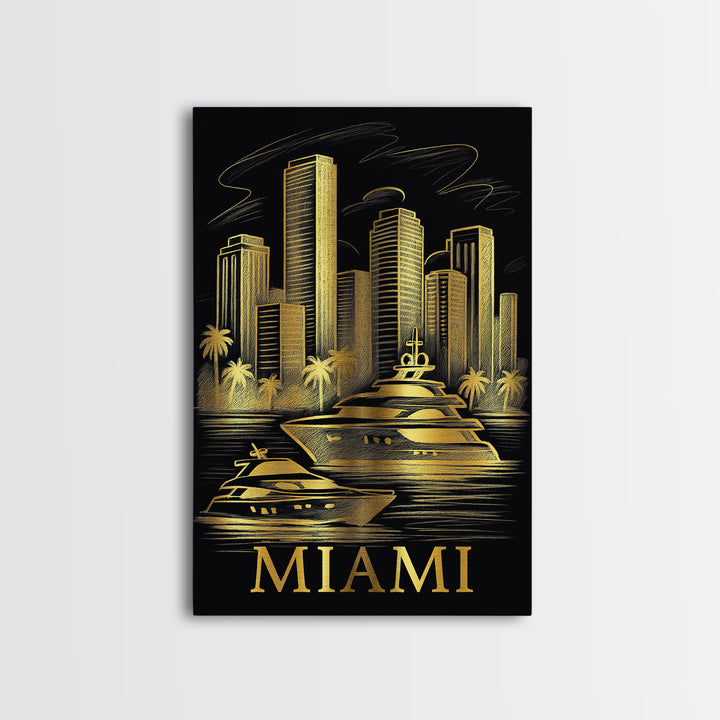 Miami Travel Poster, Framed Canvas Print, Elegant Gold City Art, Miami Travel Art, Fine Art Print, Gift For Travelers, City Art Print