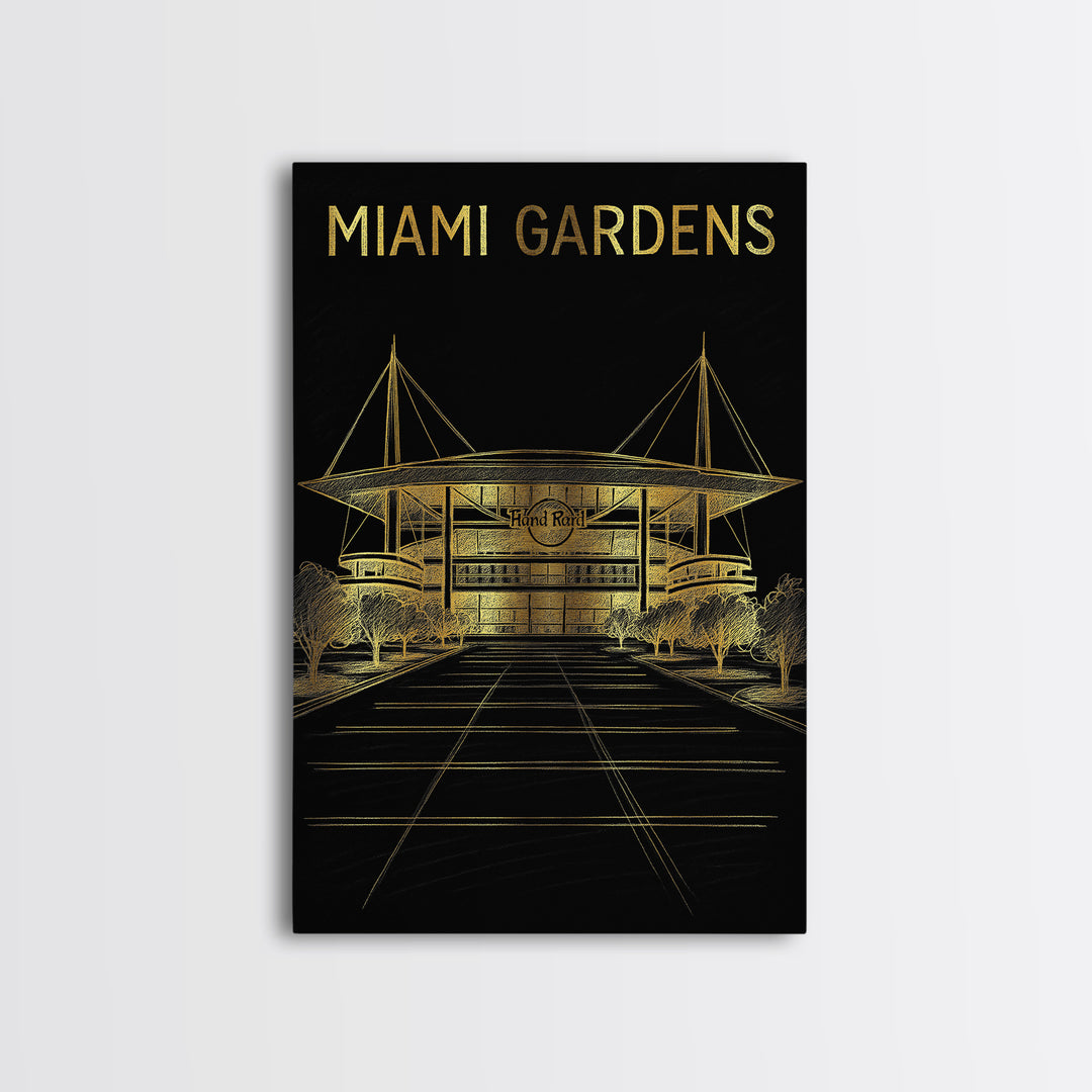 Miami Gardens Florida Travel Poster, Canvas Print, Black And Gold Line Art, Miami Gardens City Art, Retro Travel Print, Modern Wall Decor
